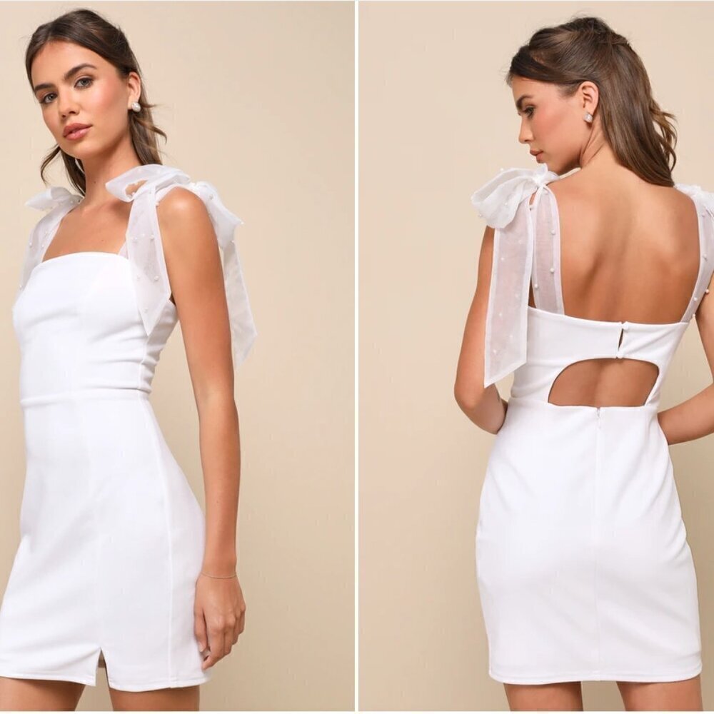 LULUS Bridal Bachelorette Engagement Bridal Shower Sexy Bow Pearls Mini Dress - Picture 5 of 7